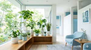 観葉植物が彩る明るく清潔な院内のグリーンコーナー