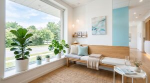 観葉植物のある明るく清潔な待合コーナー