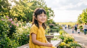 公園で穏やかに笑う子ども|健やかな成長と明るい未来のイメージ