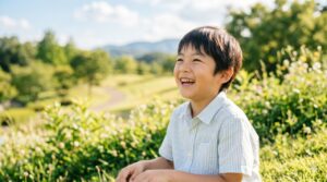屋外で笑う子ども|健やかな成長と明るい未来のイメージ