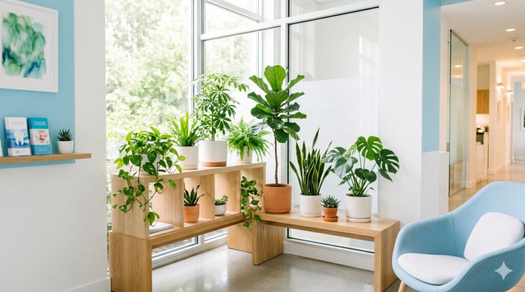 観葉植物が彩る明るく清潔な院内のグリーンコーナー