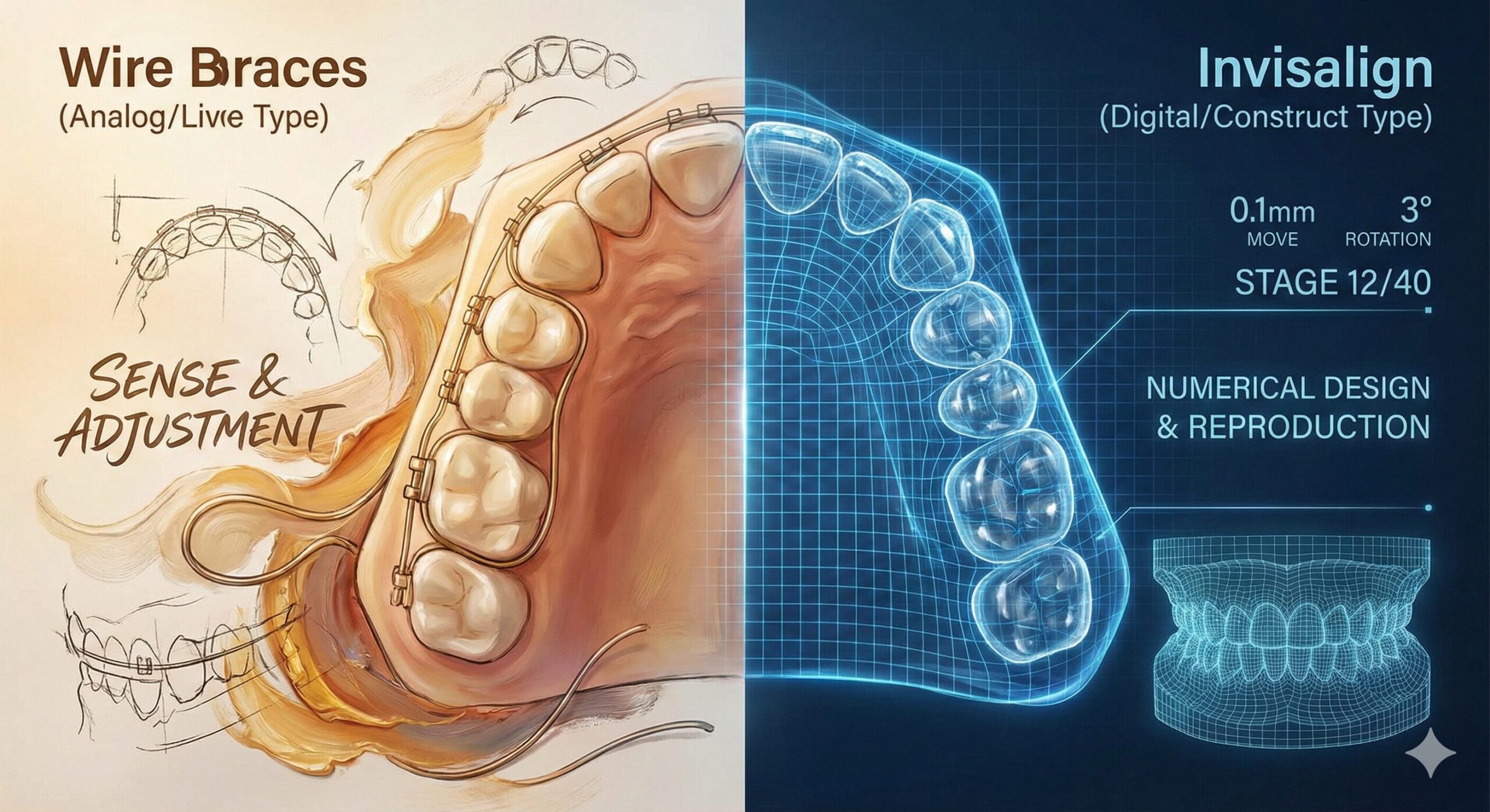 ワイヤー矯正(アナログ/感覚)とインビザライン(デジタル/数値設計)の比較イラスト