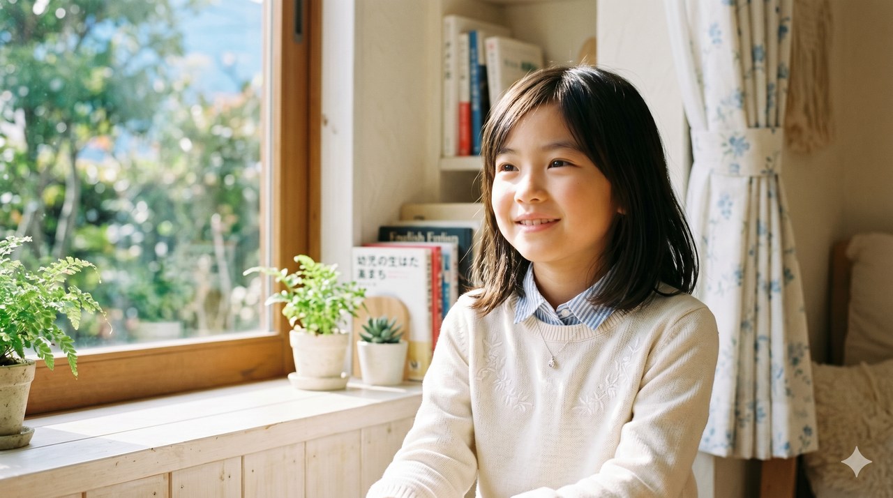 窓辺で穏やかに微笑む女の子｜明るい未来のイメージ
