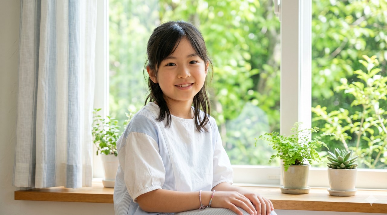 明るい窓辺で微笑む女の子｜明るい未来のイメージ