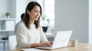 仕事と矯正の両立 ― オフィスで穏やかに微笑む女性