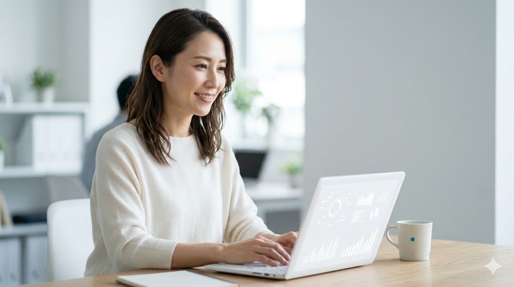 仕事と矯正の両立 ― オフィスで穏やかに微笑む女性