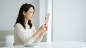 アライナーで喋りにくい時期 ― 手鏡を見る穏やかな女性