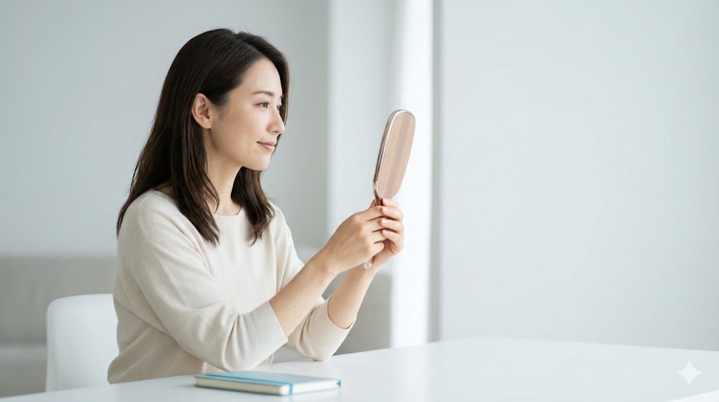 アライナーで喋りにくい時期 ― 手鏡を見る穏やかな女性