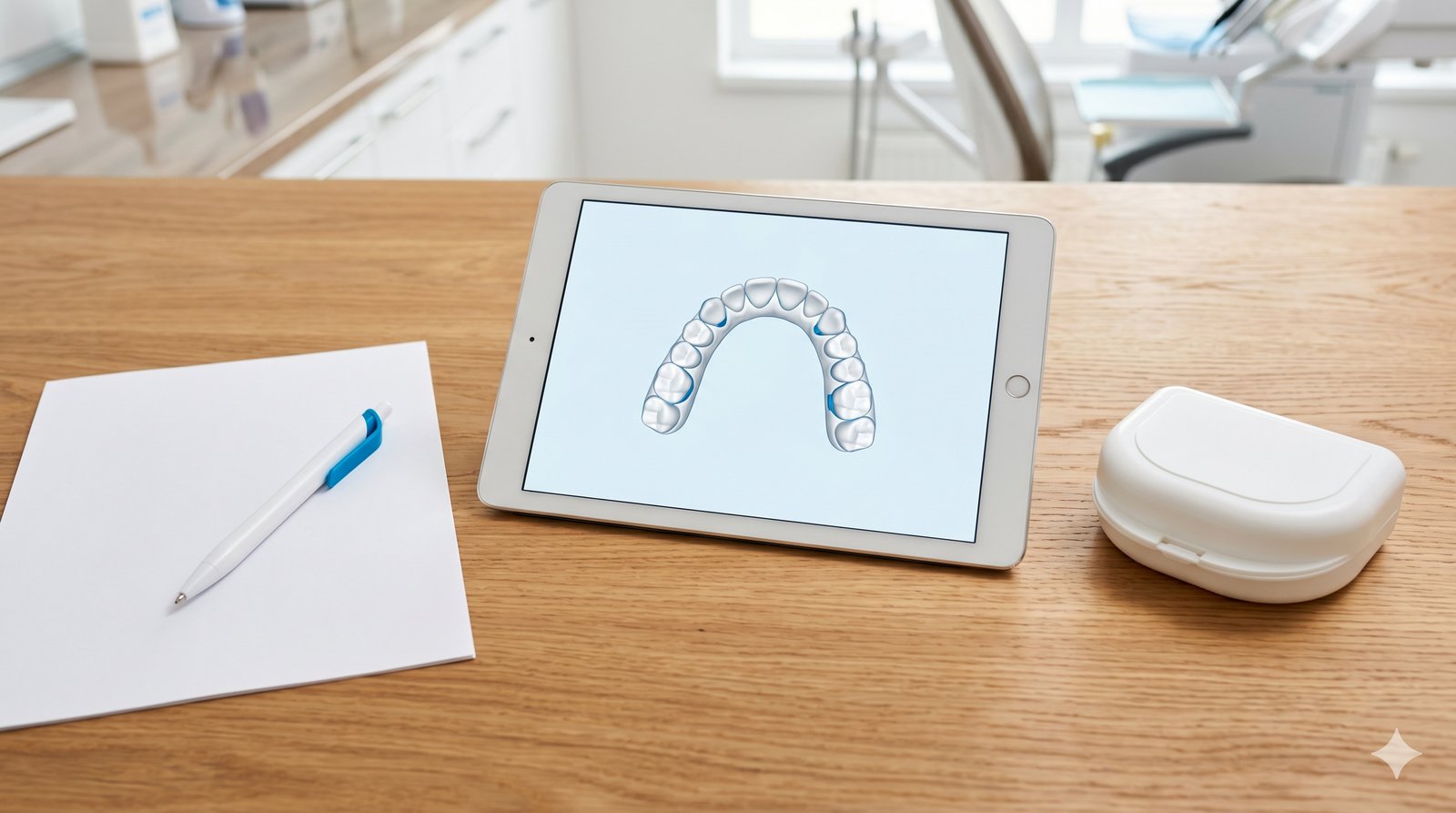木目デスク上に治療計画書、青クリップの白いペン、3D 歯列モデルを表示したタブレット、閉じたリテーナーケースが整然と並ぶフラットレイ