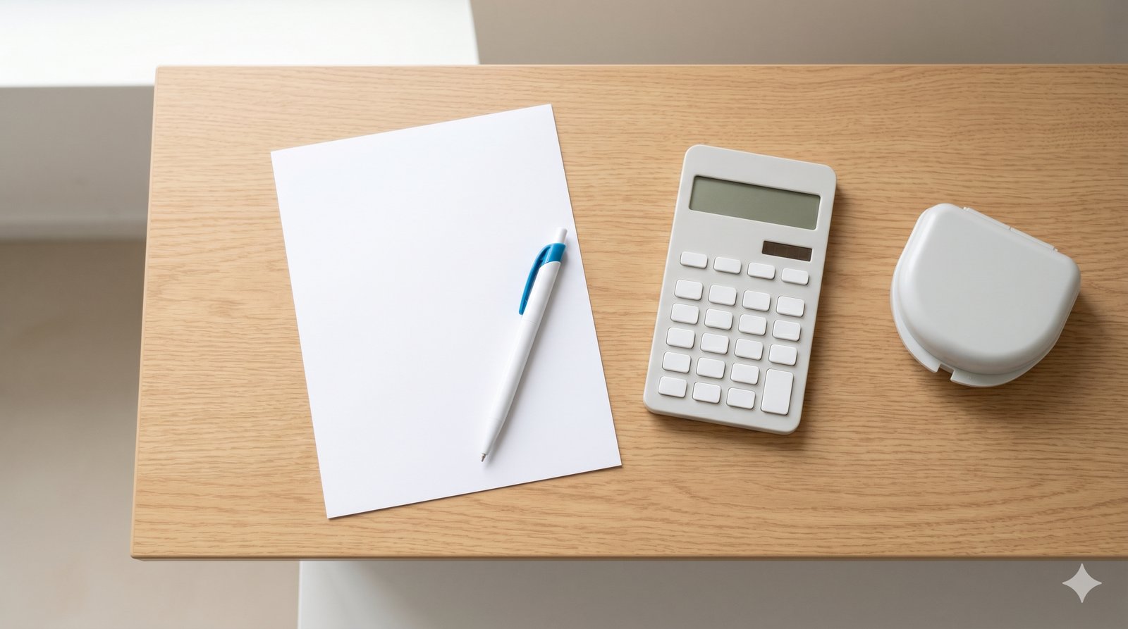 木目デスク上に白い料金書類、青クリップの白いペン、白い電卓、閉じたリテーナーケースが整然と並ぶフラットレイ