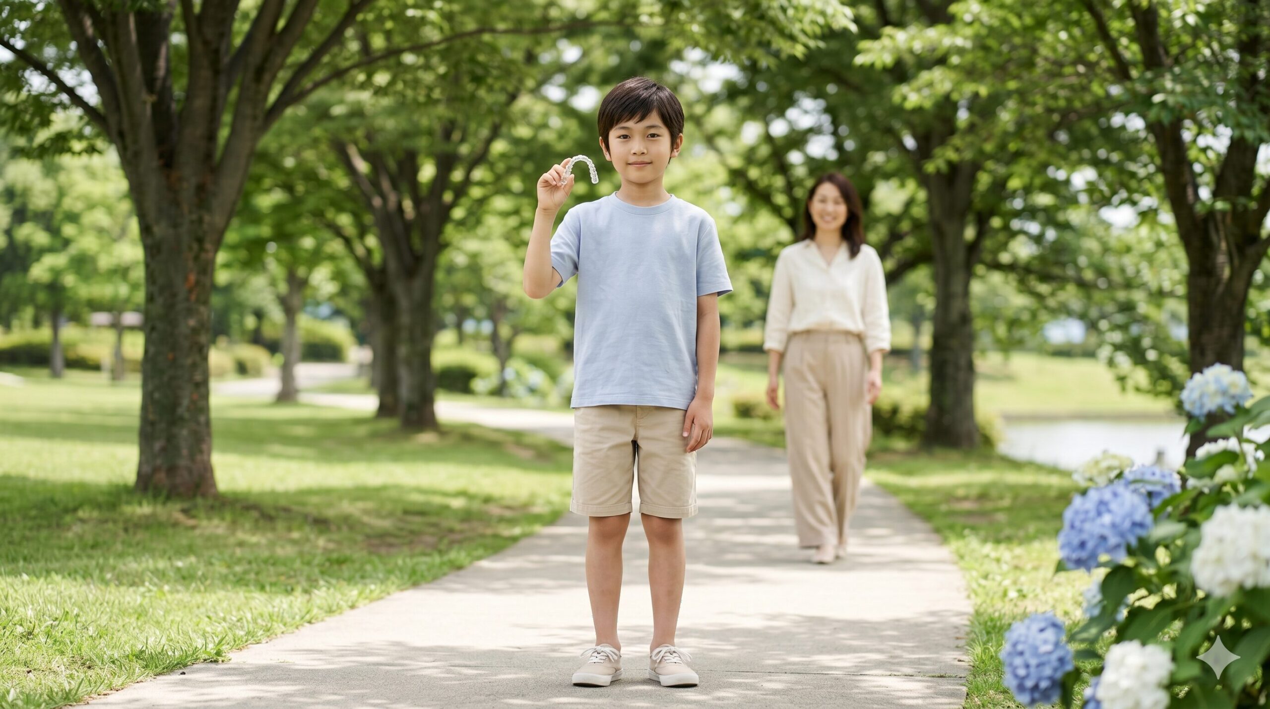 ファースト 男子 公園木陰で母と一緒