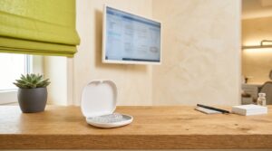 明るい矯正歯科の診療室に置かれた専用ケース入りの透明マウスピースと歯列スキャンのモニター