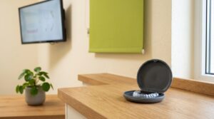 明るい矯正歯科の診療室に置かれた専用ケース入りの透明マウスピースと歯列スキャンのモニター