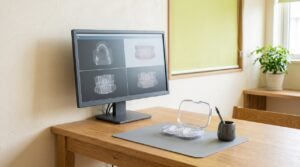 明るい矯正歯科の診療室に置かれた専用ケース入りの透明マウスピースと歯列スキャンのモニター