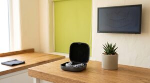 明るい矯正歯科の診療室に置かれた専用ケース入りの透明マウスピースと歯列スキャンのモニター