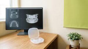 暖かいクリームの壁と木目のデスク、CTと3D歯列スキャンを映したモニター、専用ケース入りの透明マウスピースがある明るい矯正歯科のカウンセリング室