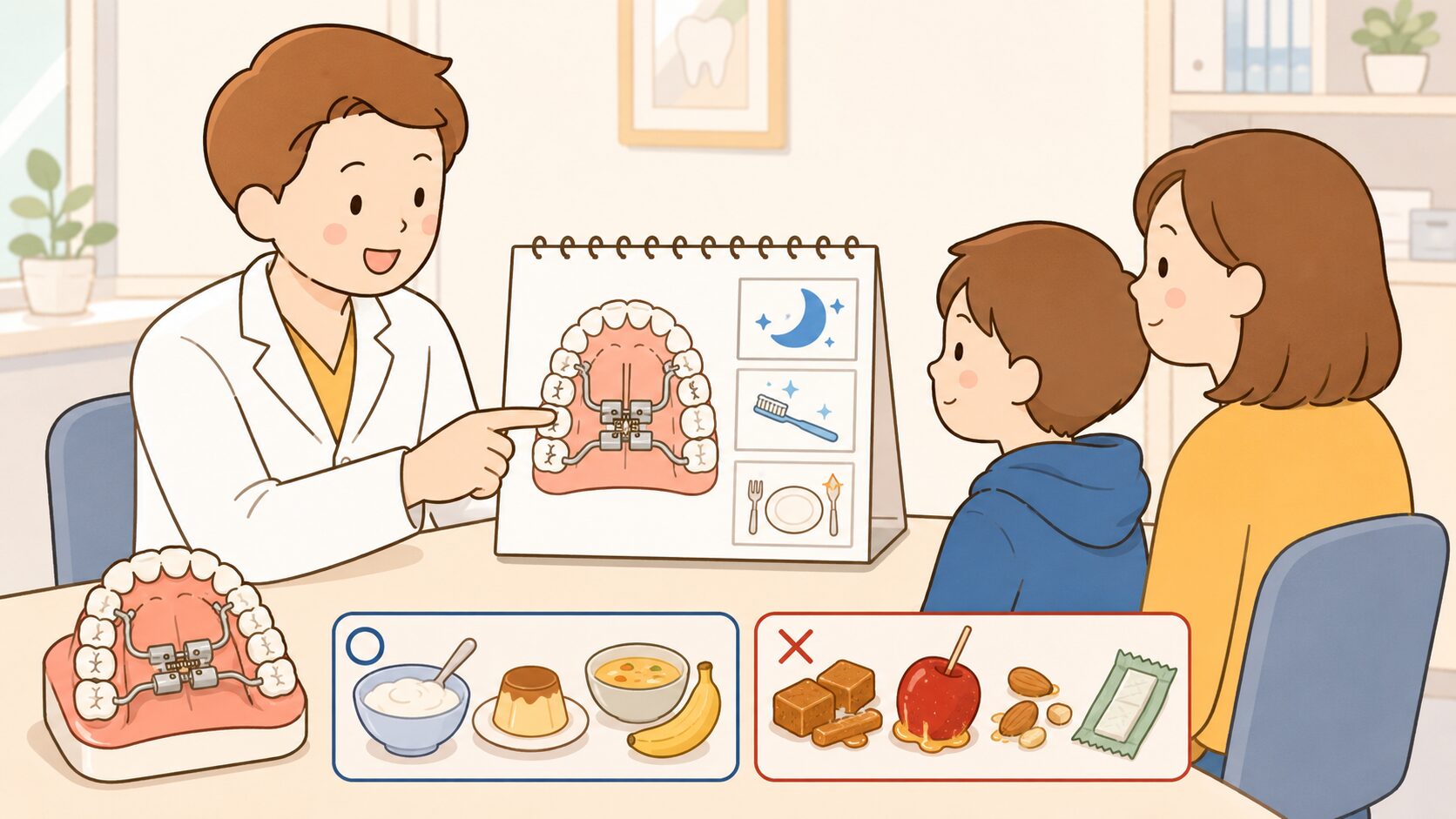 受け口の矯正装置 装着後の管理と食事の注意のイメージ図