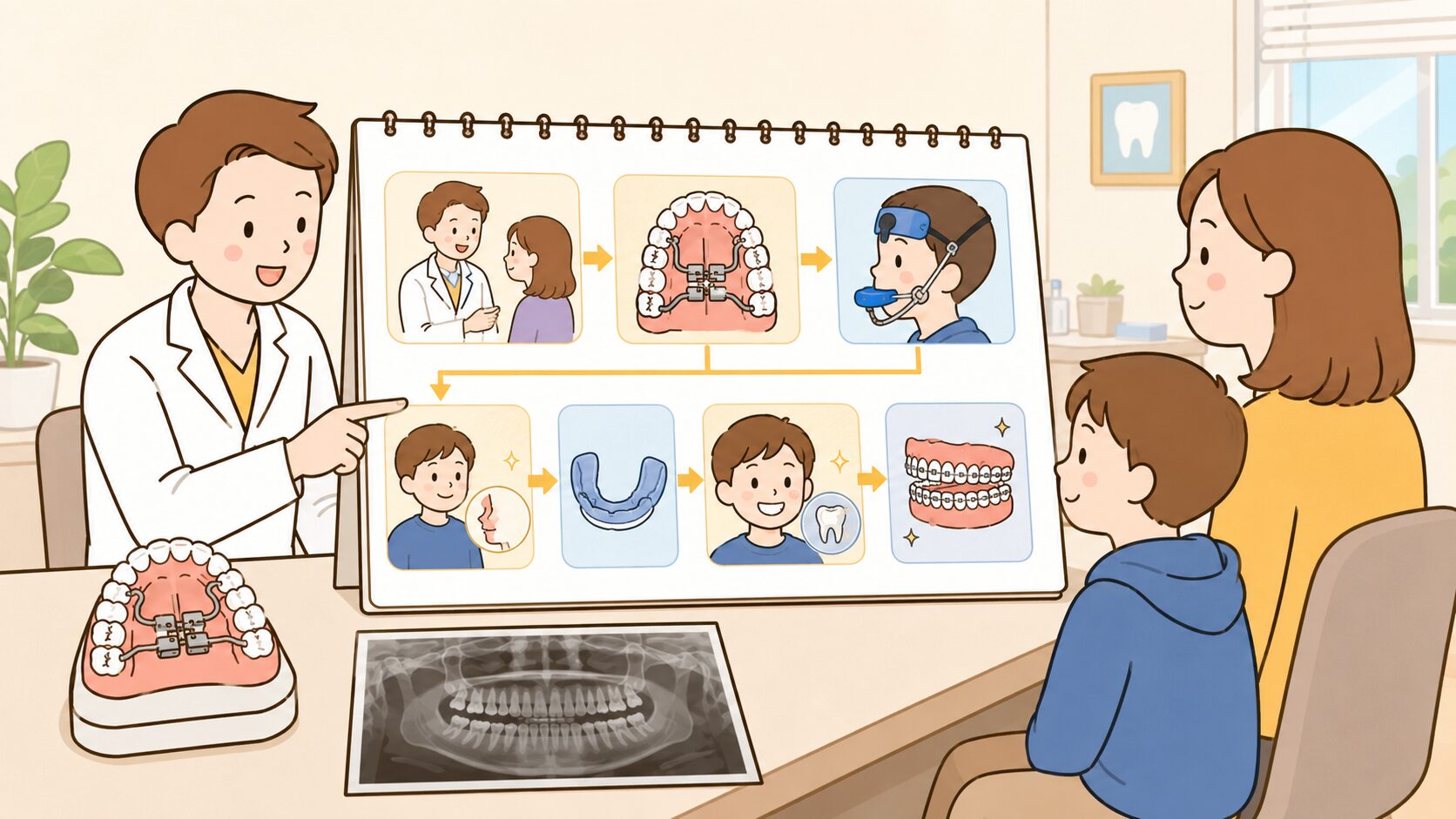 子どもの受け口（反対咬合）治療の一般的な流れのイメージ図