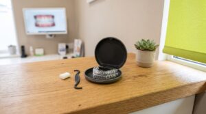 薄ベージュの壁と木目のカウンター、専用ケースに収めた透明マウスピース、ライムのロールスクリーンのある明るい矯正歯科の診療室