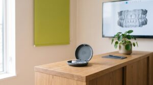 専用ケース入りの透明マウスピースと3D歯列スキャンのモニター、ライムのロールスクリーンのある明るい矯正歯科