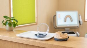 専用ケース入りの透明マウスピースと歯列模型、歯列スキャンのモニターがある明るい矯正歯科の診療室