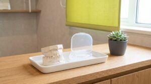 木目のカウンターに置かれた歯列模型と専用ケース入りの透明マウスピース、ライムのロールスクリーンのある明るい矯正歯科