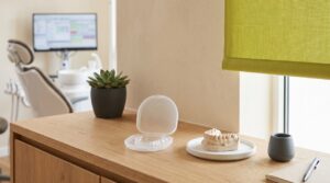 薄ベージュの壁と木目のカウンター、専用ケースに収めた透明マウスピースと歯列模型、ライムのロールスクリーンのある明るい矯正歯科の診療室