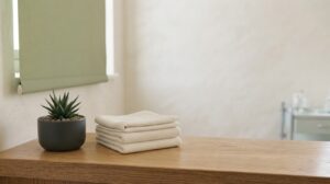 観葉植物と清潔なタオルのある落ち着いた院内|豊中・こむら矯正歯科